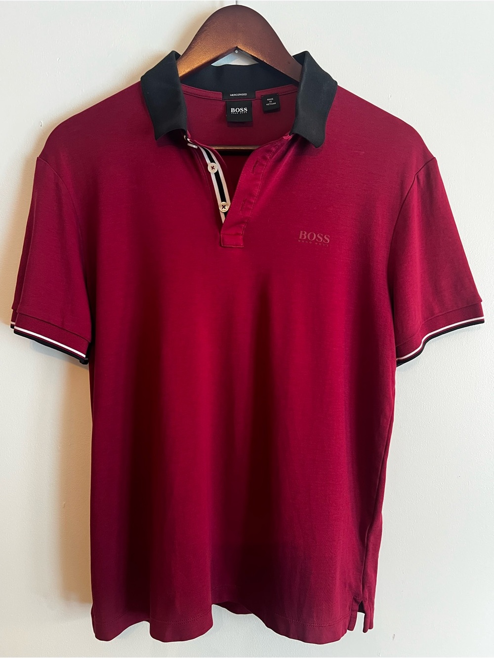 BOSS • Hugo Boss • Mens Small • Red • Mercerised Polo Shirt • Striped Trim Logo